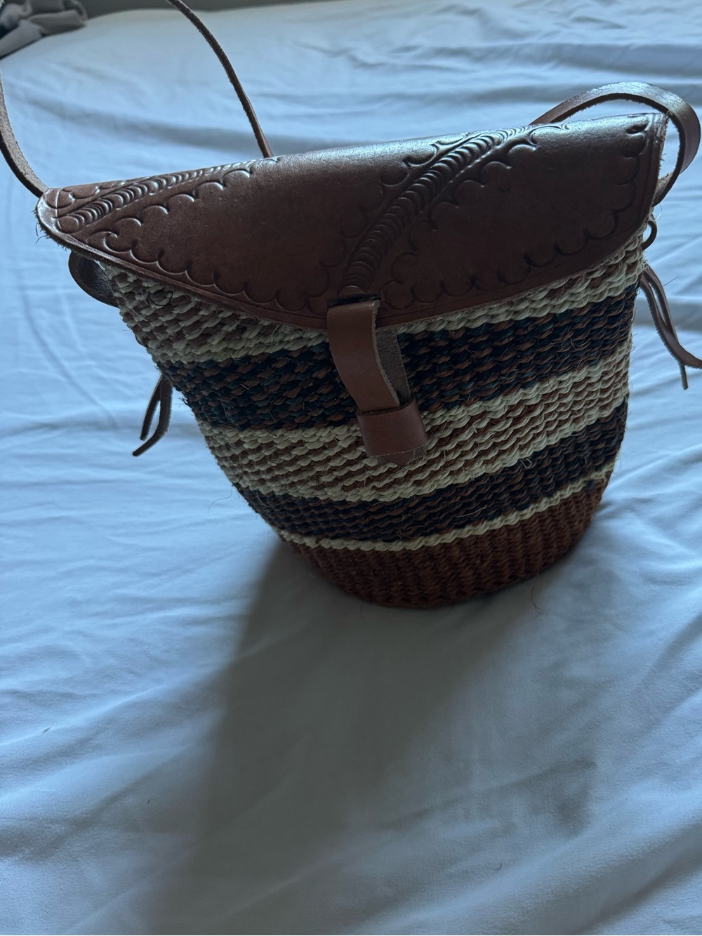 Woven Stripe Bucket Bag with Brown Leather Trim